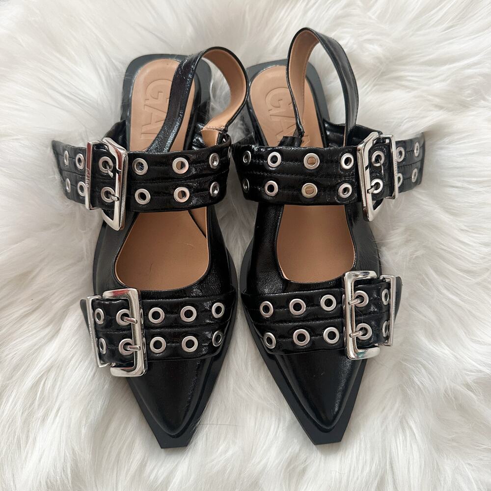 Ganni Black Patent Pointed Toe Grommet Flats
